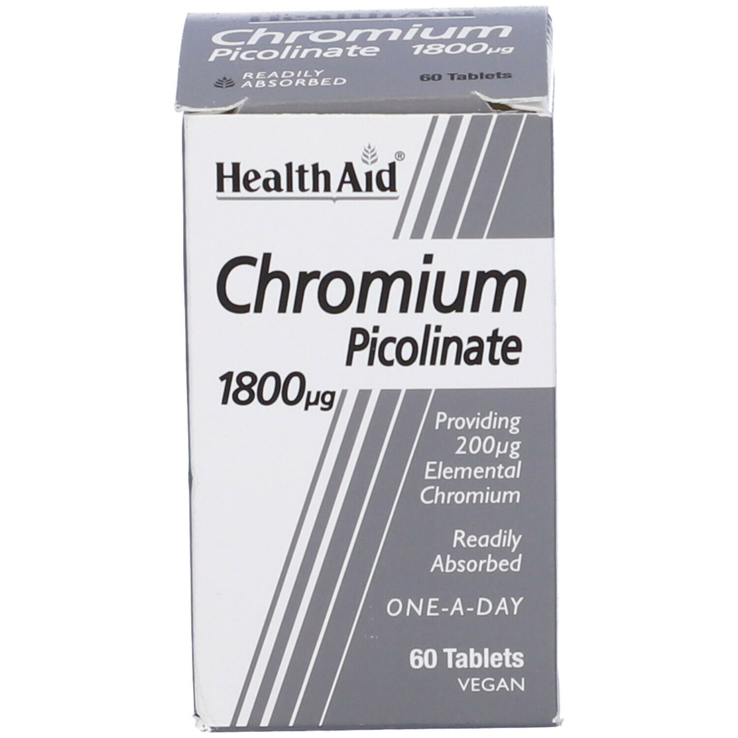 HealthAid Chromium Picolinate. 1800µg, 60 compresse. Vegano. Confezione grigia e bianca.