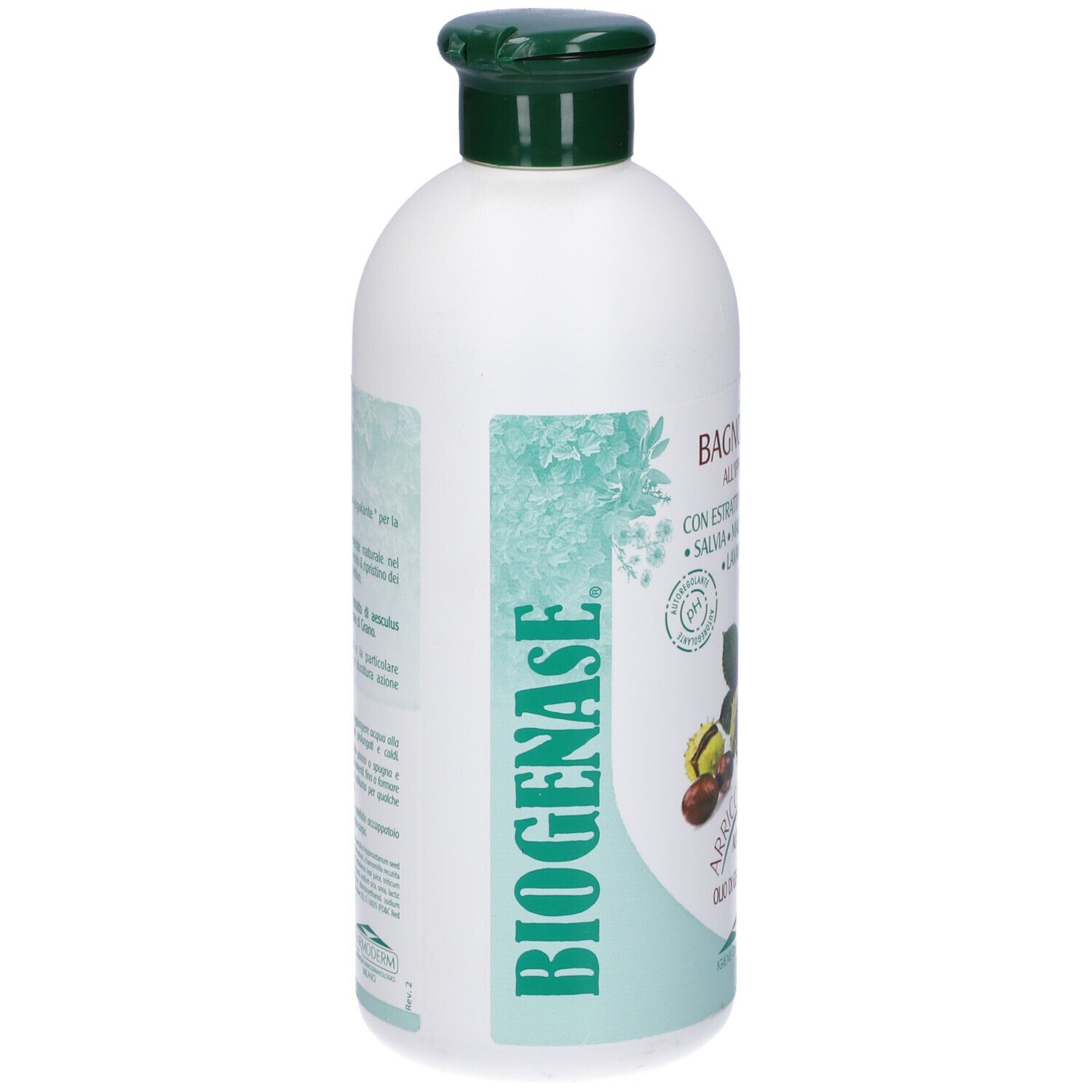Flacone bianco con tappo verde. Scritta: BIOGENASE. Testo e illustrazioni sul lato del flacone.