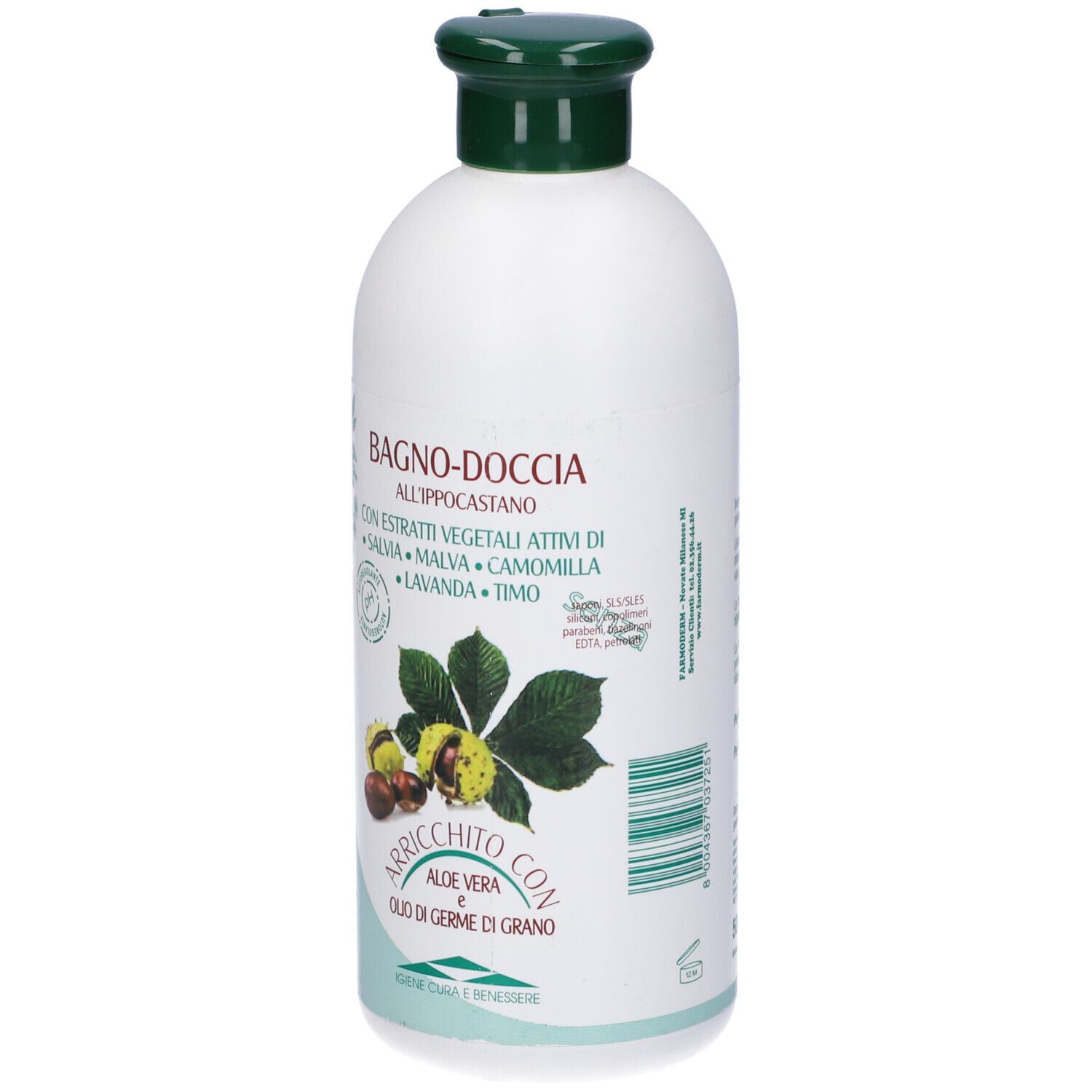 Flacone bianco-verde con tappo verde. Scritta: BAGNO-DOCCIA, Ippocastano, Salvia, Malva, Camomilla, Lavanda, Timo.