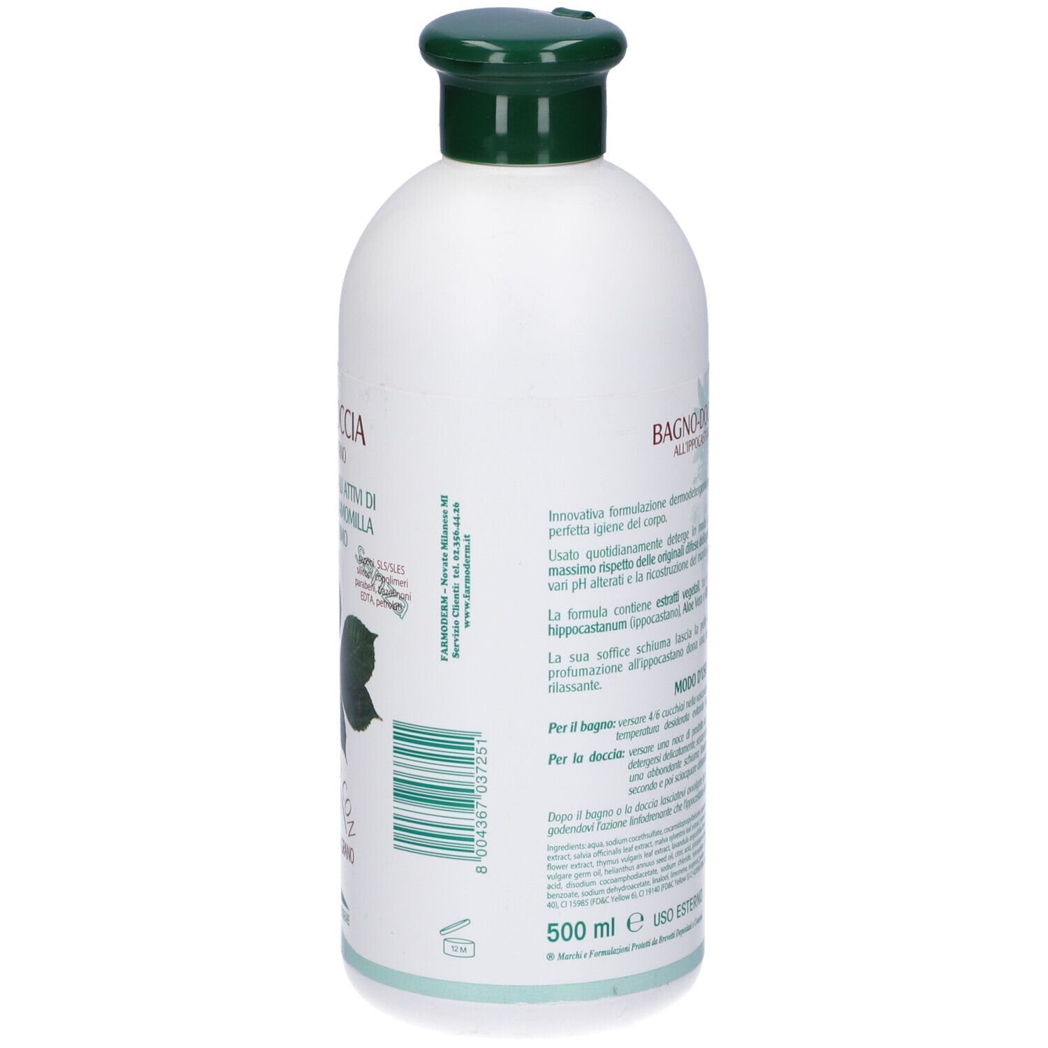 Flacone bianco con tappo verde. Testo sul retro: BAGNO-DOCCIA, Ippocastano. Volume: 500 ml.