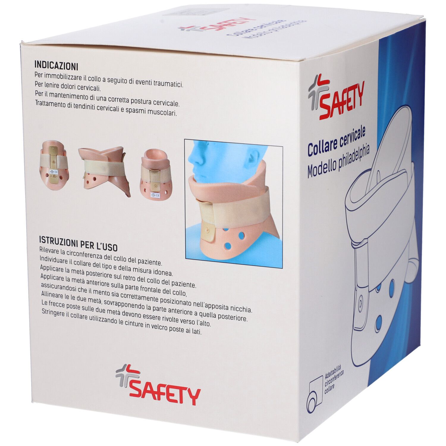 Confezione per Collare cervicale, modello Philadelphia. Immagini del prodotto e istruzioni per l'uso. Marchio: SAFETY.