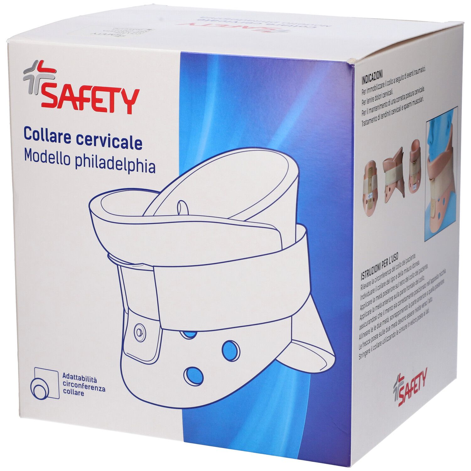 Confezione per Collare cervicale, modello Philadelphia. Bianco e blu. Immagine del prodotto. Marchio: SAFETY.