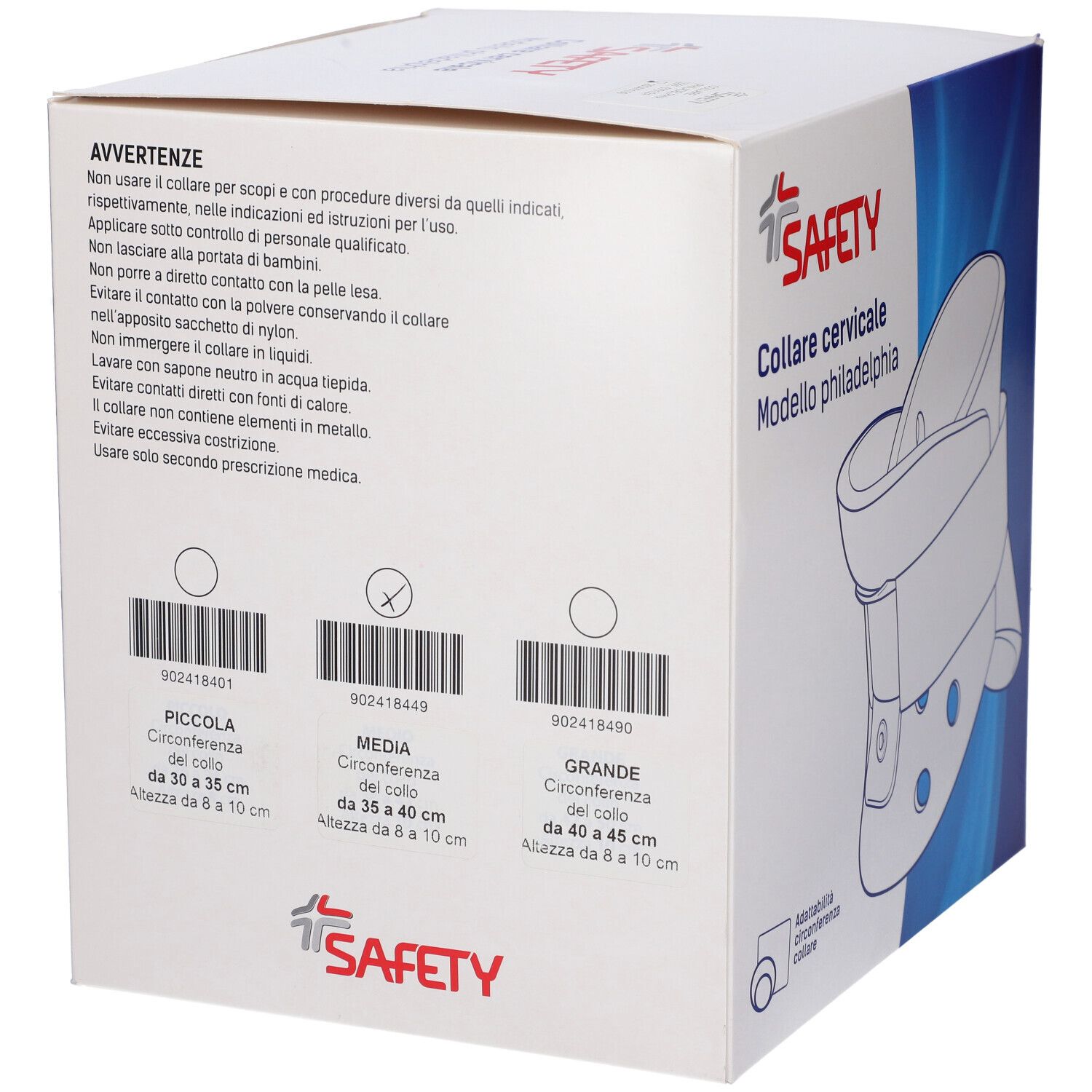 Confezione per Collare cervicale, modello Philadelphia. Informazioni sulle taglie. Marchio: SAFETY.