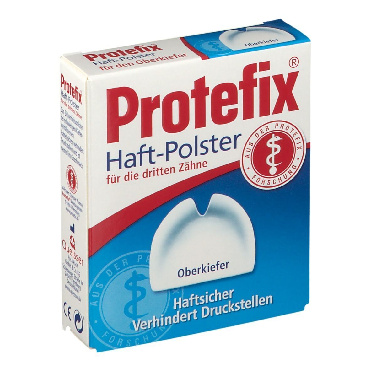 Scatola bianca con testo rosso e blu. Protefix cuscinetti adesivi per terzi denti. Logo Protefix. Cuscinetto bianco. In alto a destra: Mascella superiore.