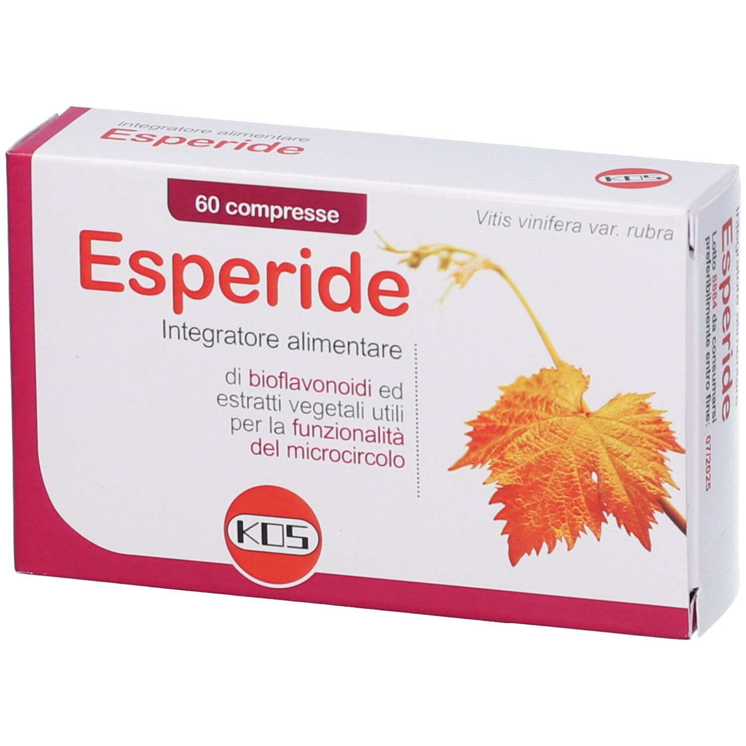 Scatola bianca con bordo rosso. Scritta Esperide, 60 compresse. Illustrazione foglia e logo KOS.