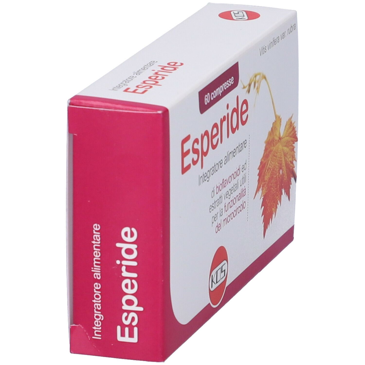 Scatola con bordo rosso. Scritta Esperide, 60 compresse. Illustrazione foglia e logo KOS. Vista prospettica.