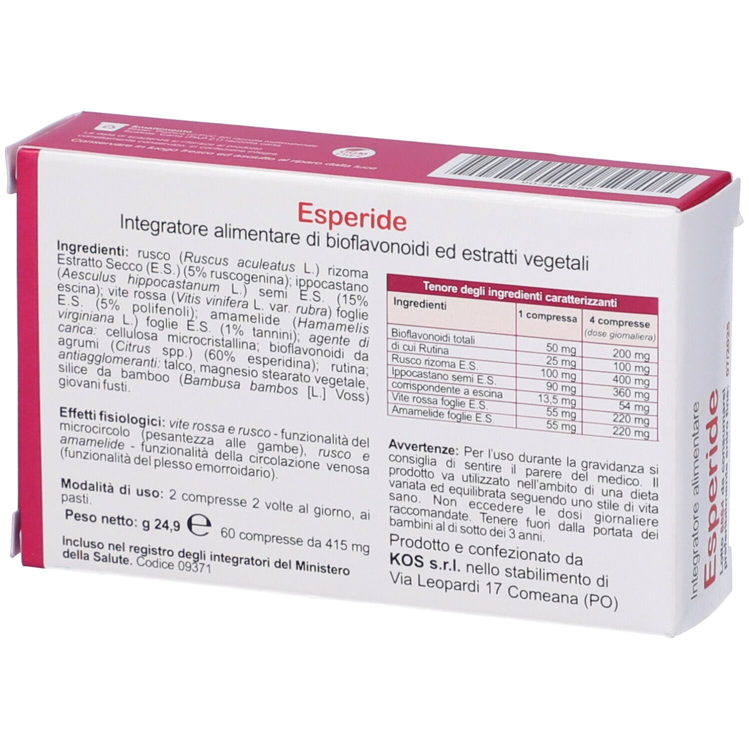 Retro della scatola. Testo con ingredienti e dosaggio. Avvertenze e informazioni produttore.