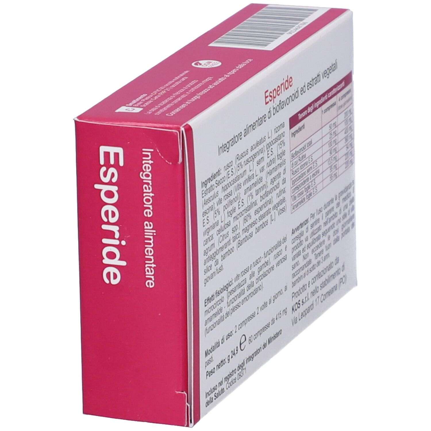 Scatola con bordo rosso. Scritta Esperide. Testo con ingredienti e dosaggio. Vista prospettica.