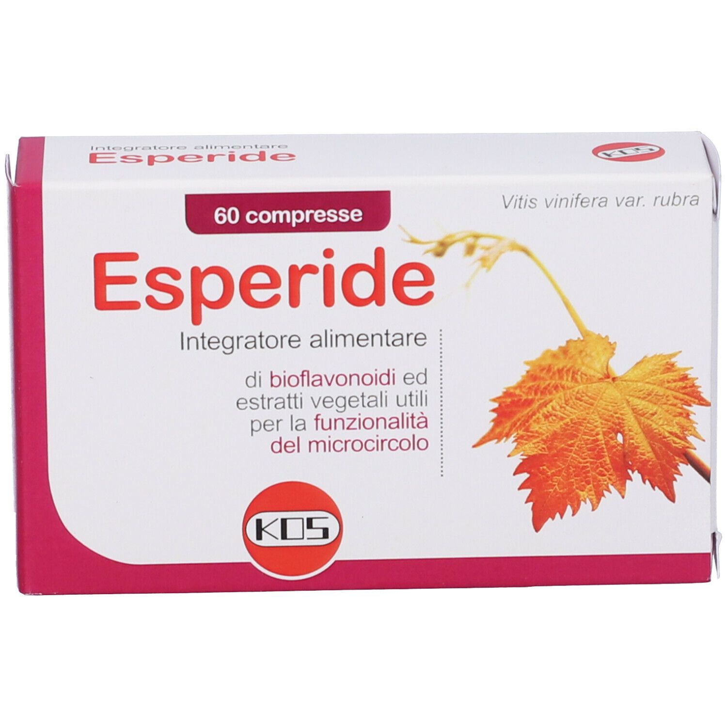 Scatola bianca con bordo rosso. Scritta Esperide, 60 compresse. Illustrazione foglia e logo KOS.