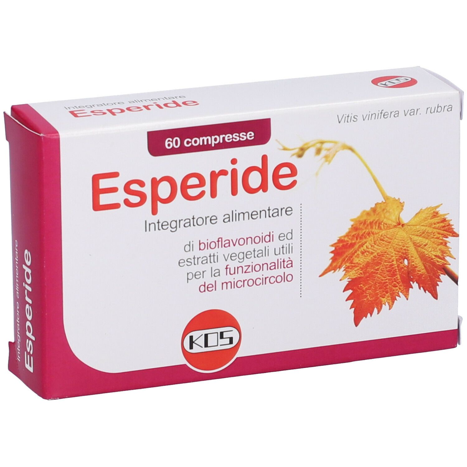 Scatola bianca con bordo rosso. Scritta Esperide, 60 compresse. Illustrazione foglia e logo KOS.