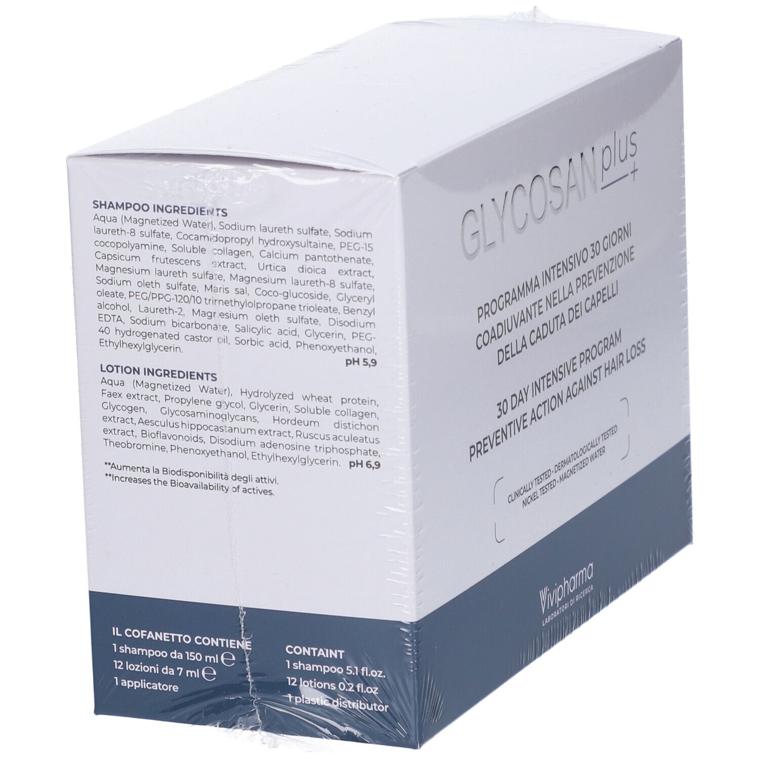 Confezione Glycosan Plus, programma intensivo 30 giorni contro la caduta dei capelli. Contiene shampoo e lozioni.