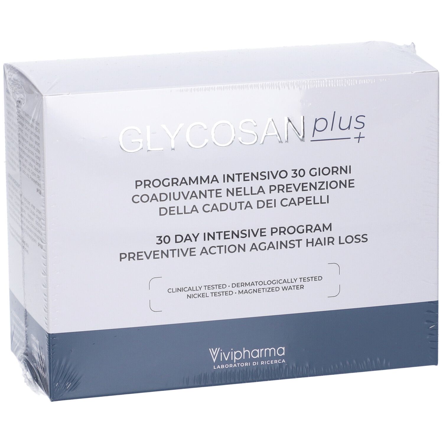 Confezione per un programma intensivo di 30 giorni contro la caduta dei capelli di Vivipharma.