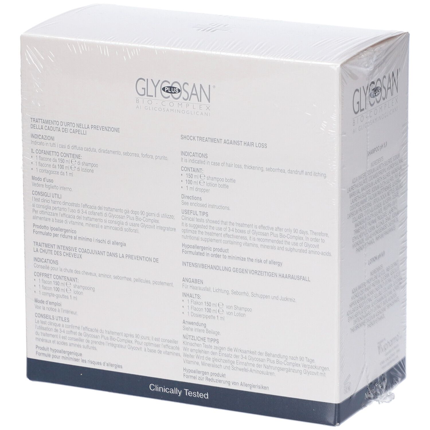Scatola Glycosan Bio-Complex per il trattamento della caduta dei capelli. Contiene 1 shampoo, 1 cura, 1 fiala.