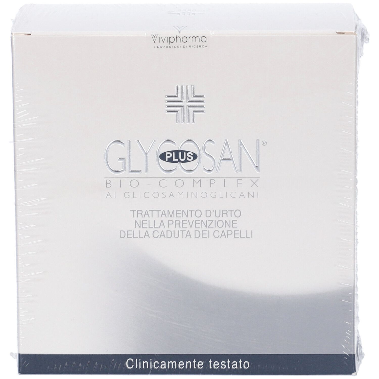 Confezione Glycosan Plus Bio-Complex con testo 'Trattamento d'urto nella prevenzione della caduta dei capelli'.