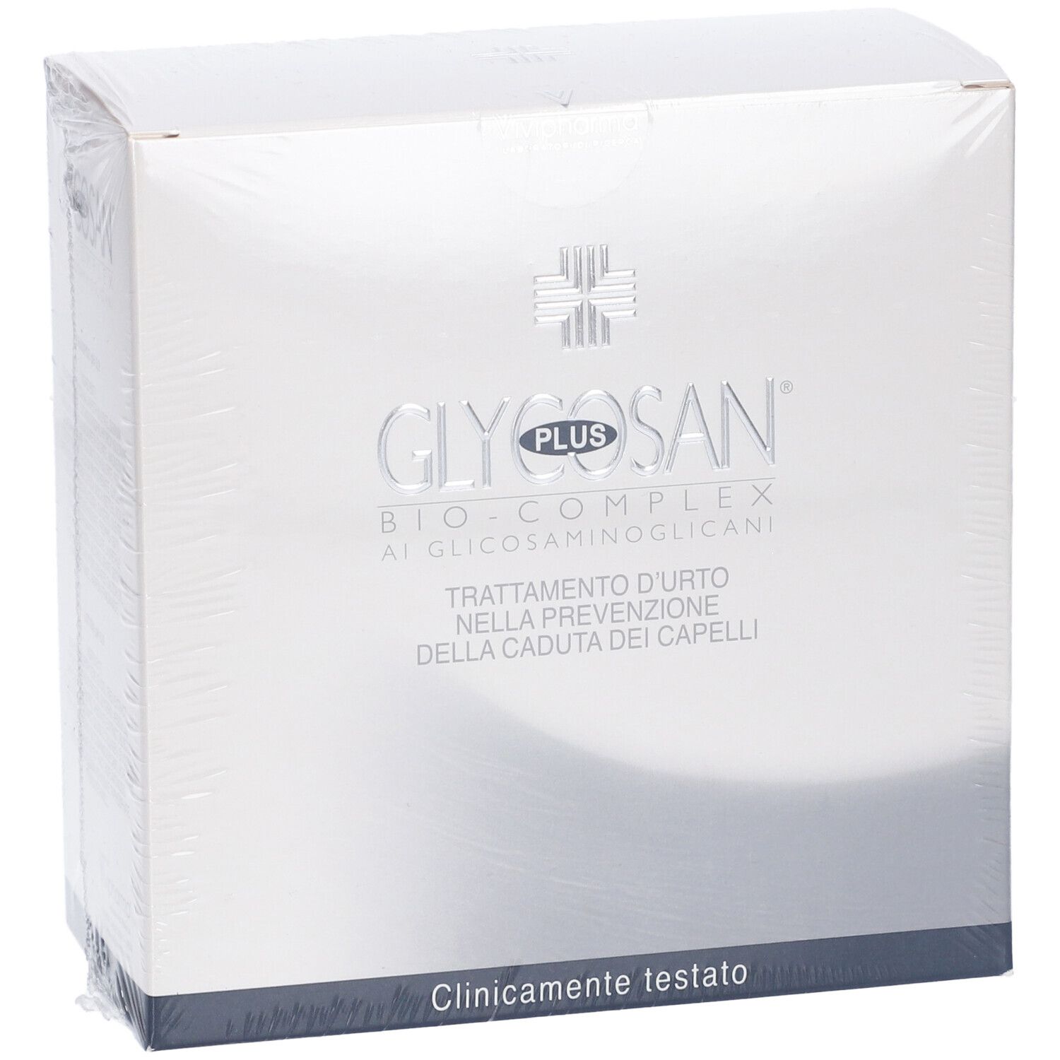 Scatola Glycosan Plus Bio-Complex con scritta 'Trattamento d'urto nella prevenzione della caduta dei capelli'.
