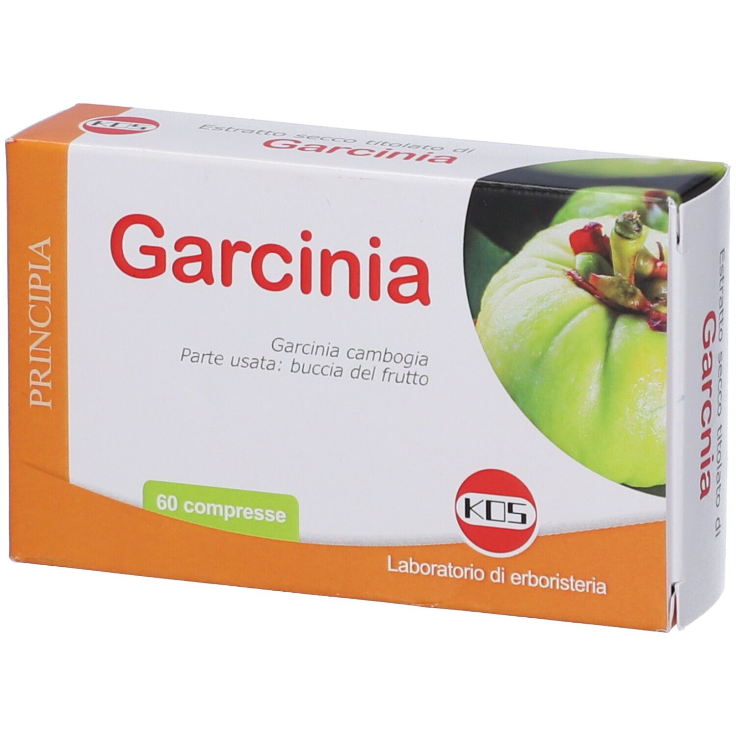 Scatola Garcinia, 60 compresse. Logo KOS. Laboratorio di erboristeria. Immagine di un frutto.