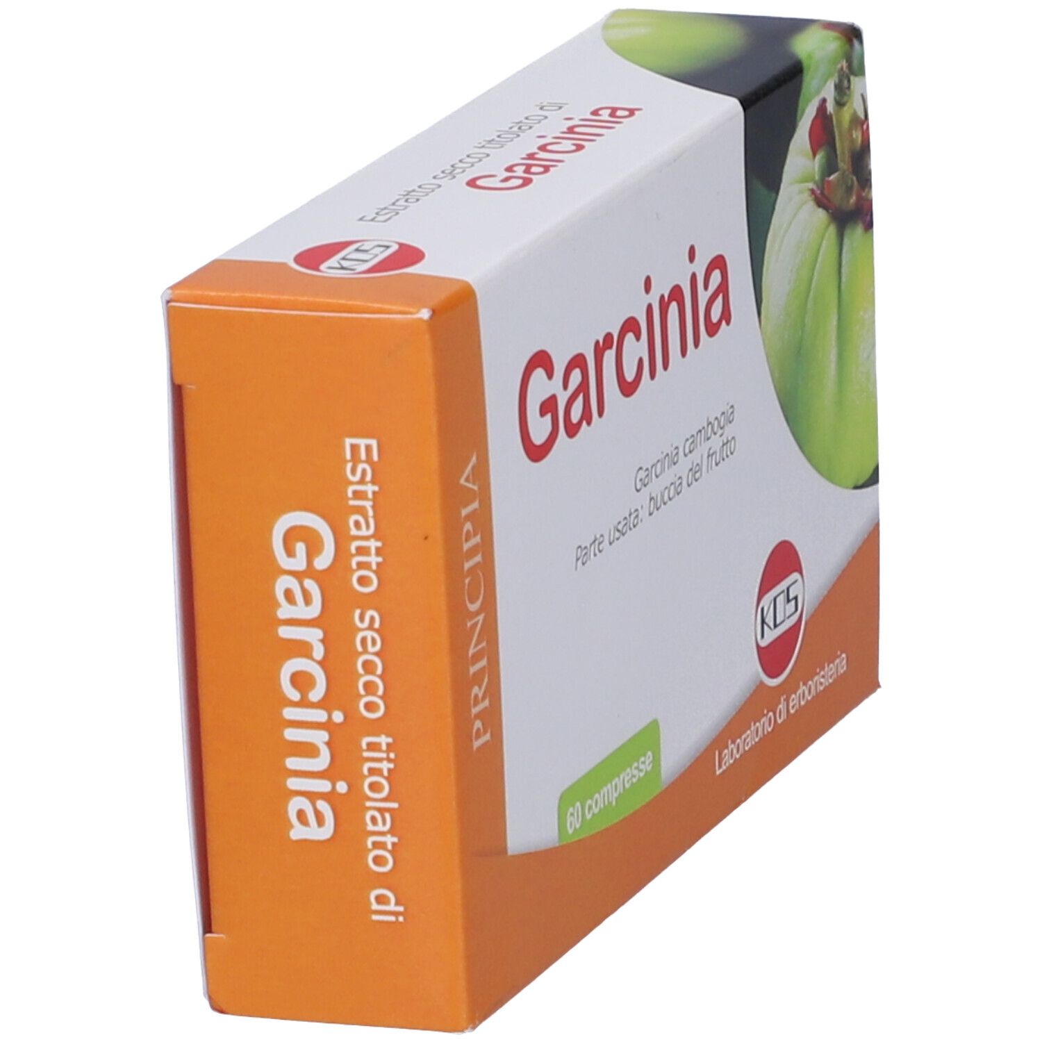 Scatola Garcinia, 60 compresse. Logo KOS. Laboratorio di erboristeria. Immagine di un frutto.