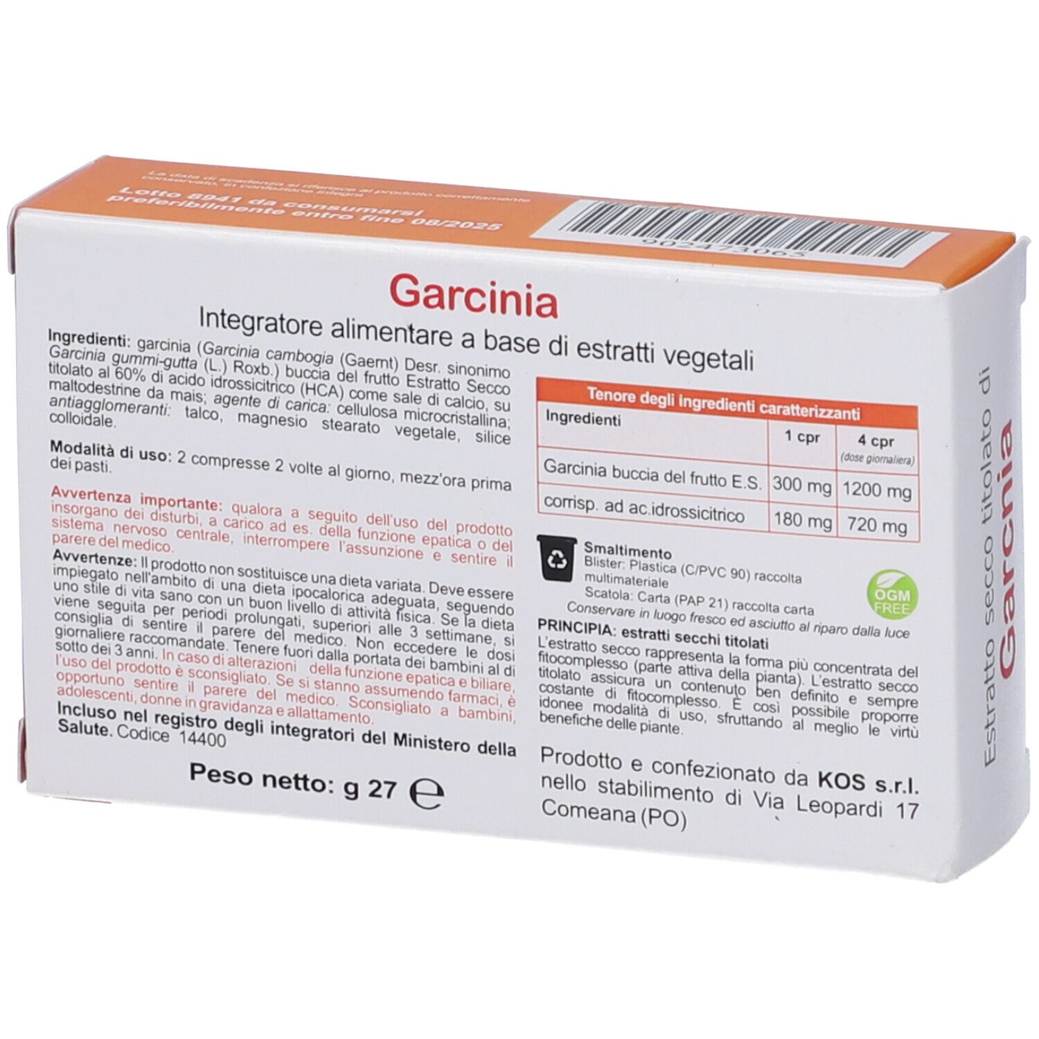 Retro della confezione Garcinia. Elenco ingredienti, informazioni nutrizionali, produttore.