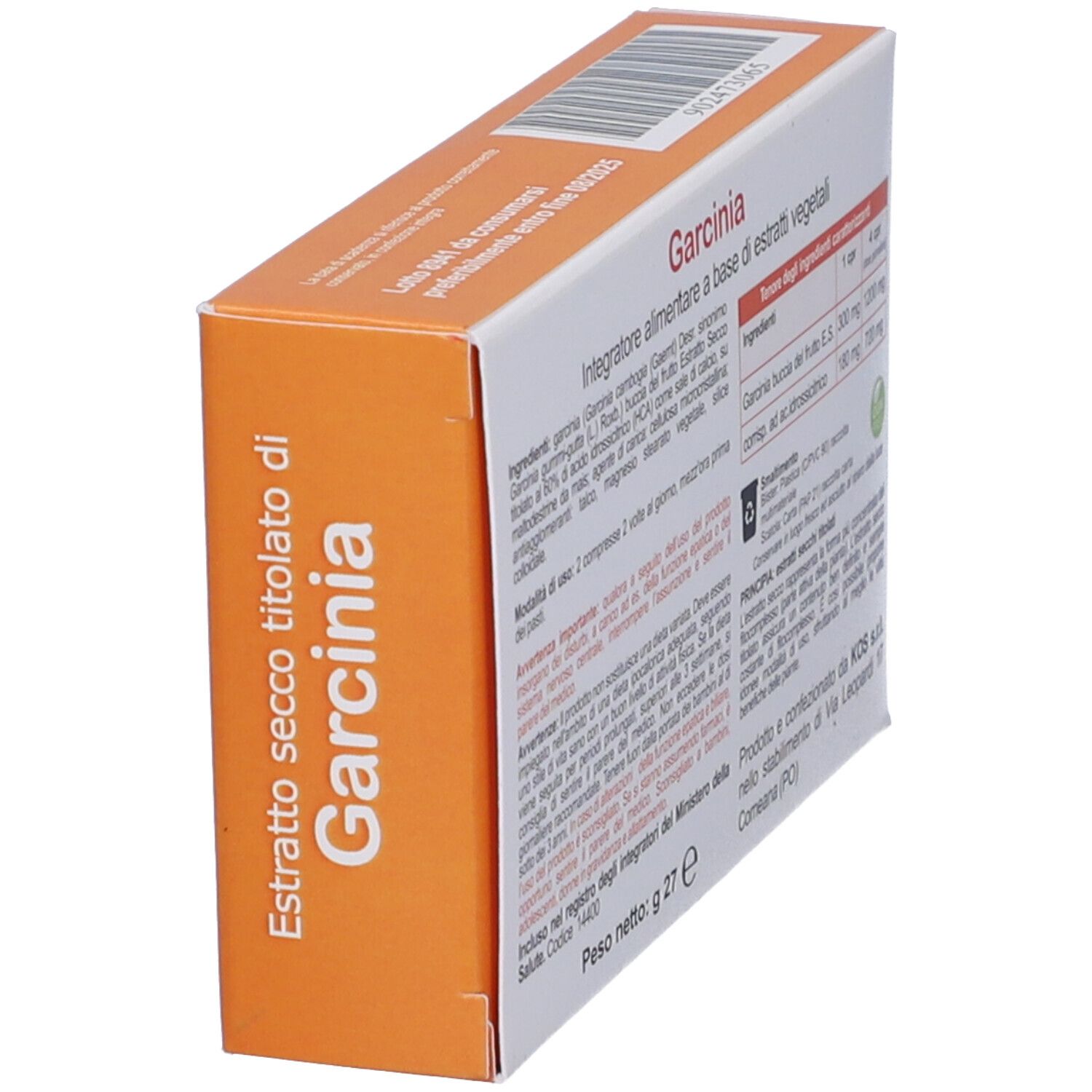 Lato della confezione Garcinia. Testo: Estratto secco titolato di Garcinia. Informazioni produttore.