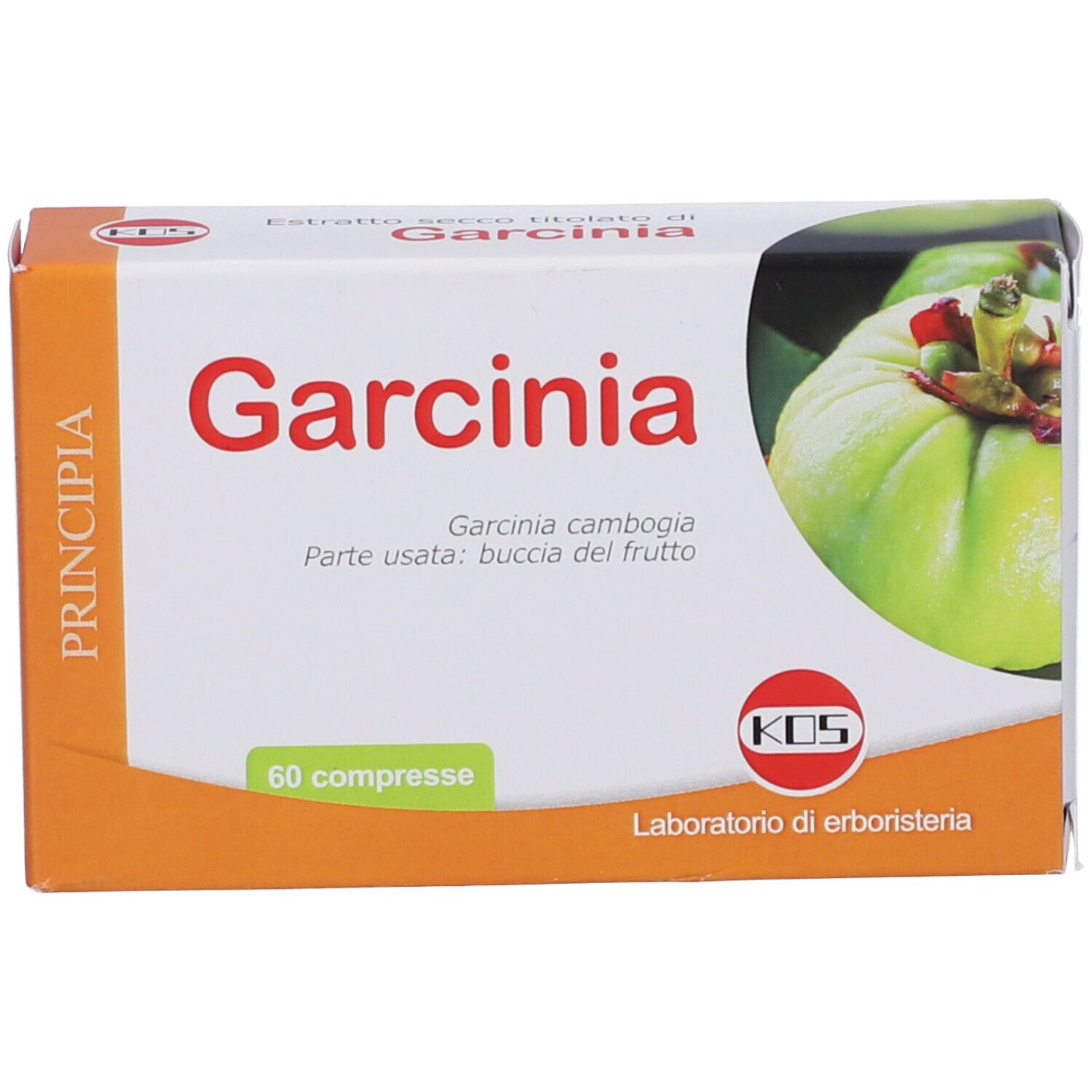Scatola Garcinia, 60 compresse. Logo KOS. Laboratorio di erboristeria. Immagine di un frutto.