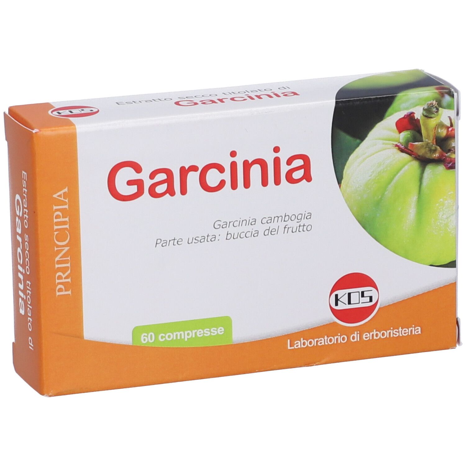 Scatola Garcinia, 60 compresse. Logo KOS. Laboratorio di erboristeria. Immagine di un frutto.