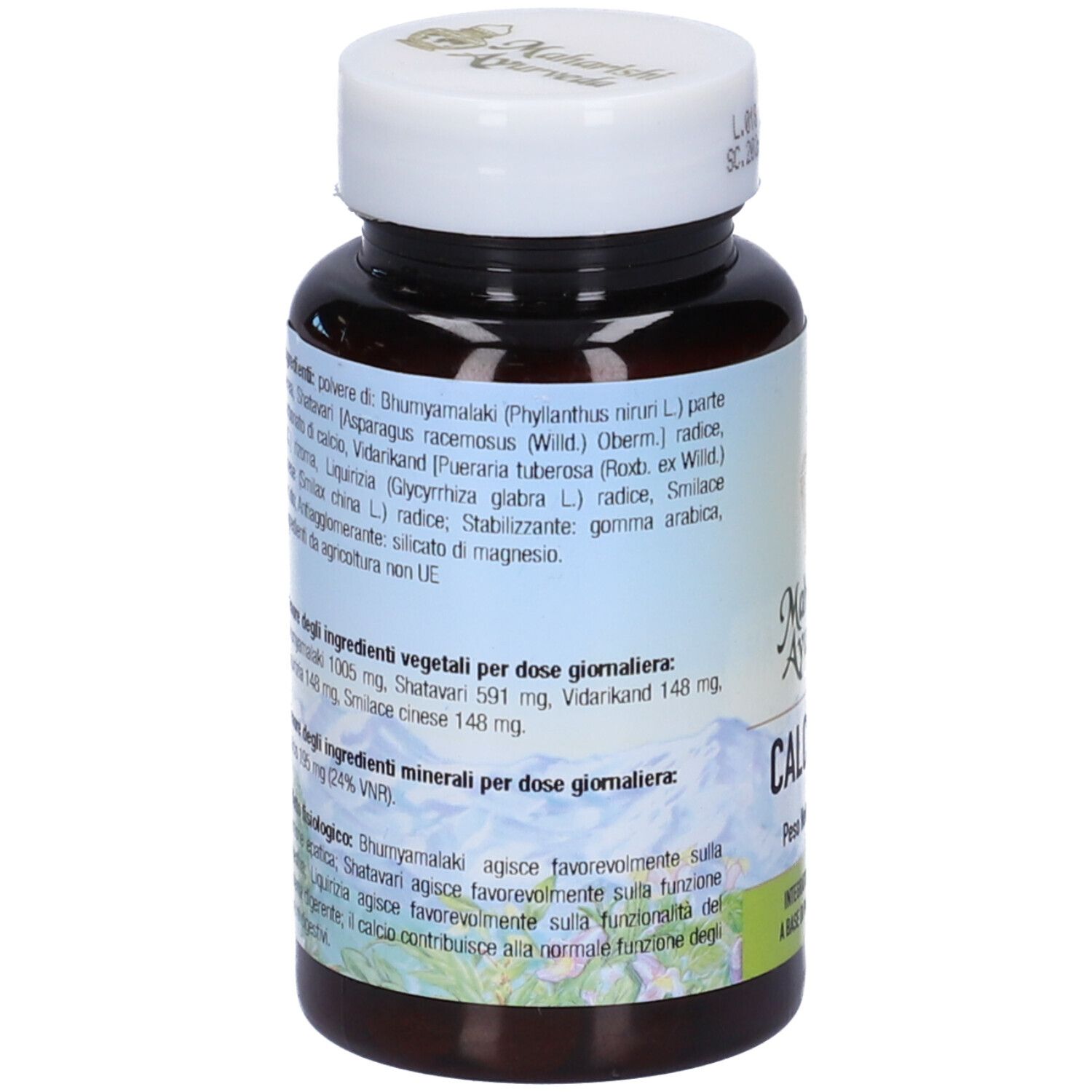 Retro del flacone. Testo con ingredienti e dosaggio. Marchio: Maharishi Ayurveda. Montagne sullo sfondo.
