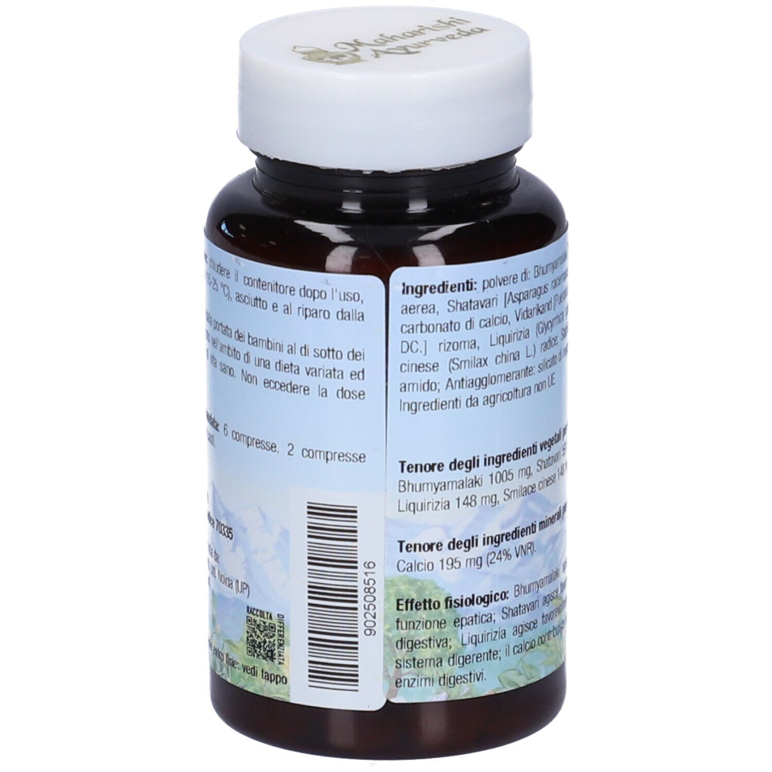 Retro del flacone. Testo con ingredienti e dosaggio. Marchio: Maharishi Ayurveda. Montagne sullo sfondo.