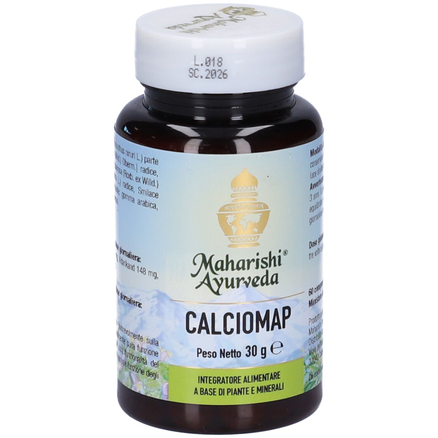 Flacone marrone con tappo bianco. Scritta: Calciomap, Maharishi Ayurveda. Peso netto 30 g.