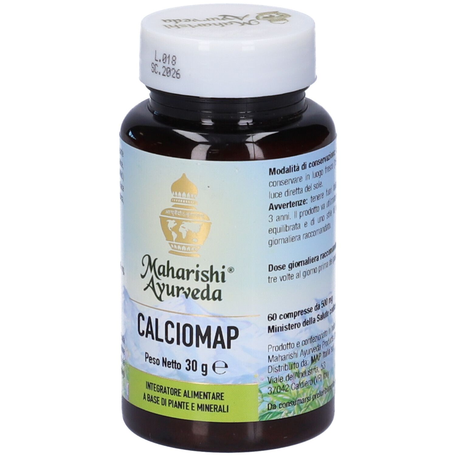 Flacone marrone con tappo bianco. Scritta: Calciomap, Maharishi Ayurveda. Peso netto 30 g.