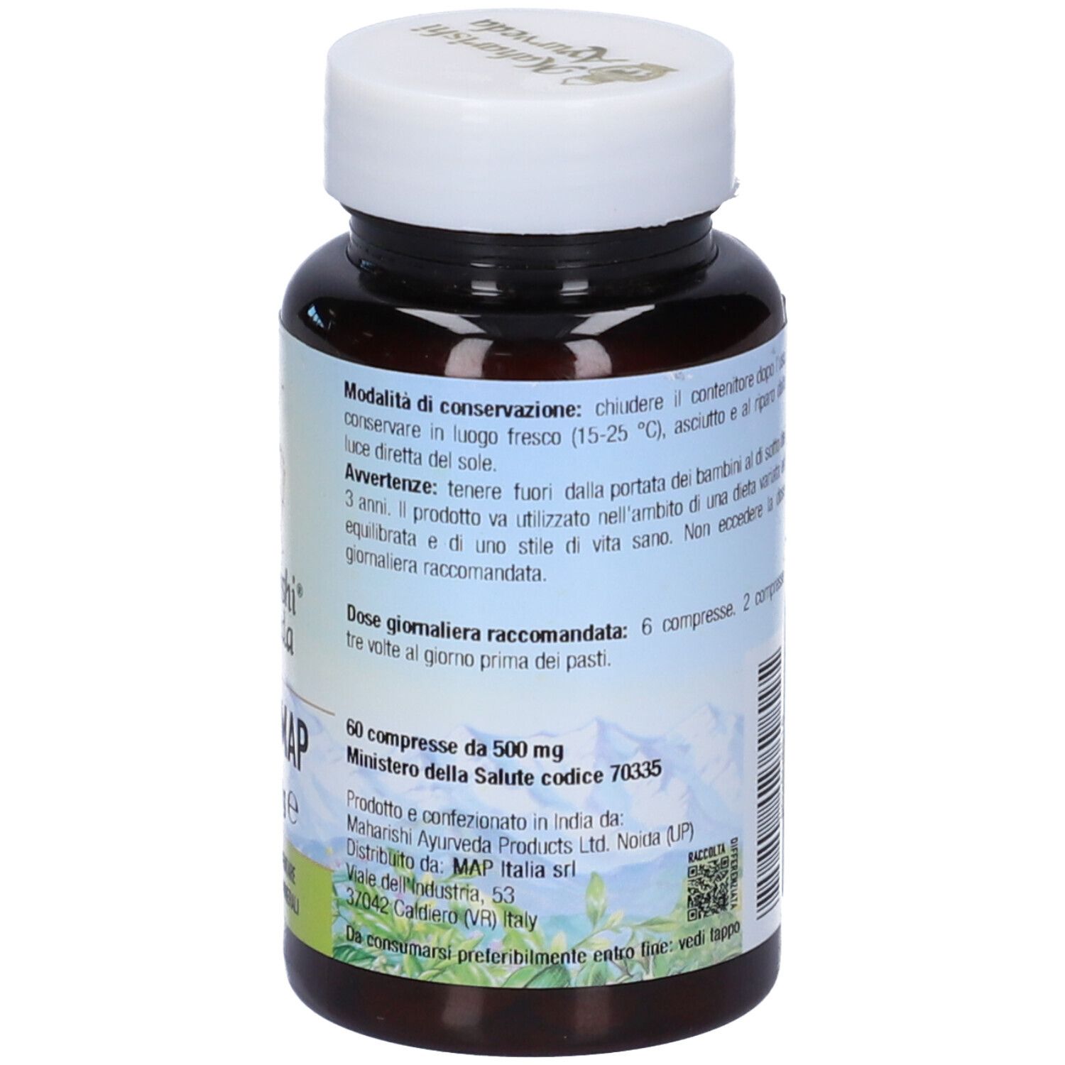 Retro del flacone. Testo con dosaggio e produttore. Marchio: Maharishi Ayurveda. 60 compresse.
