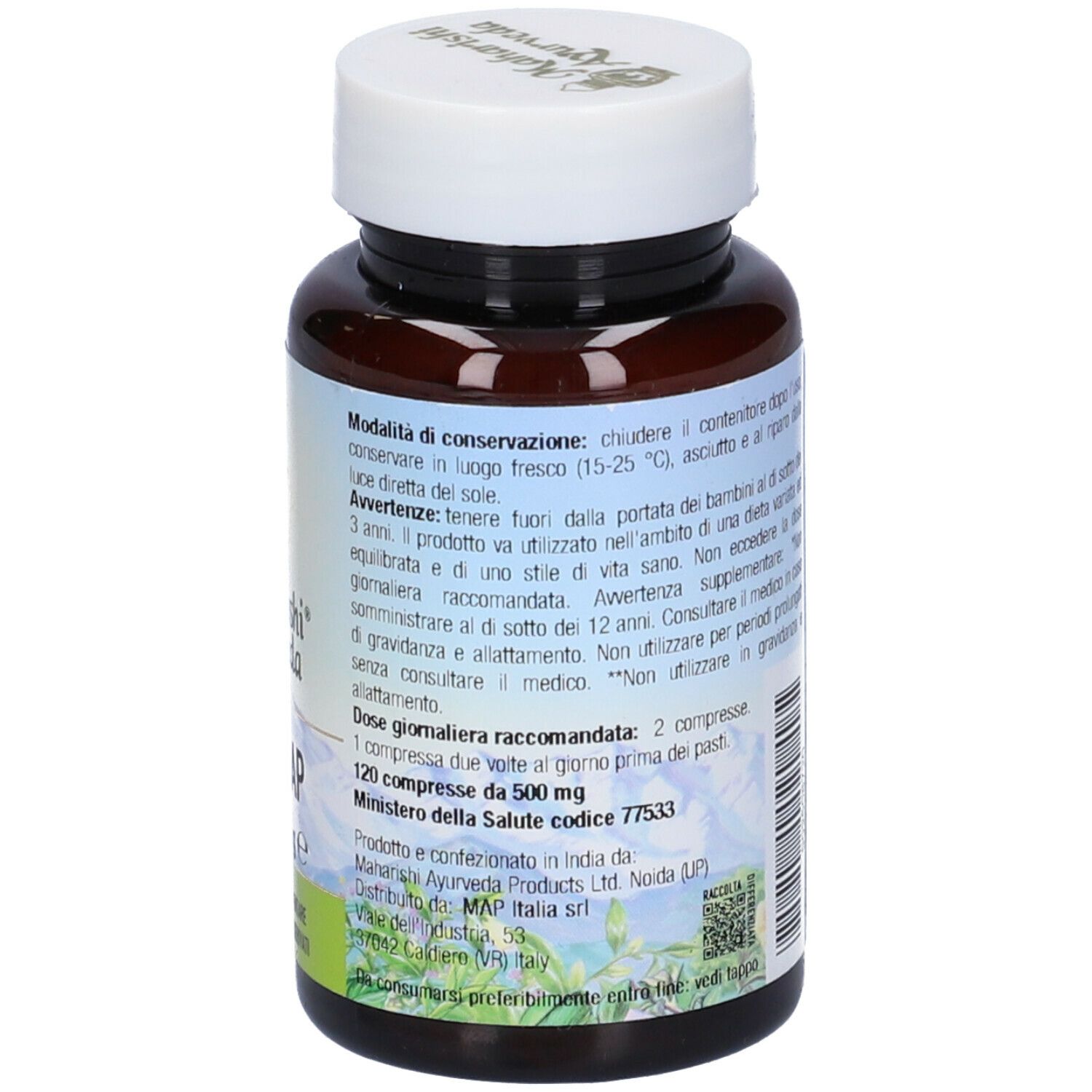 Flacone marrone con tappo bianco. Scritta: Lipomap, Maharishi Ayurveda. 120 compresse. Etichetta con informazioni sul prodotto.