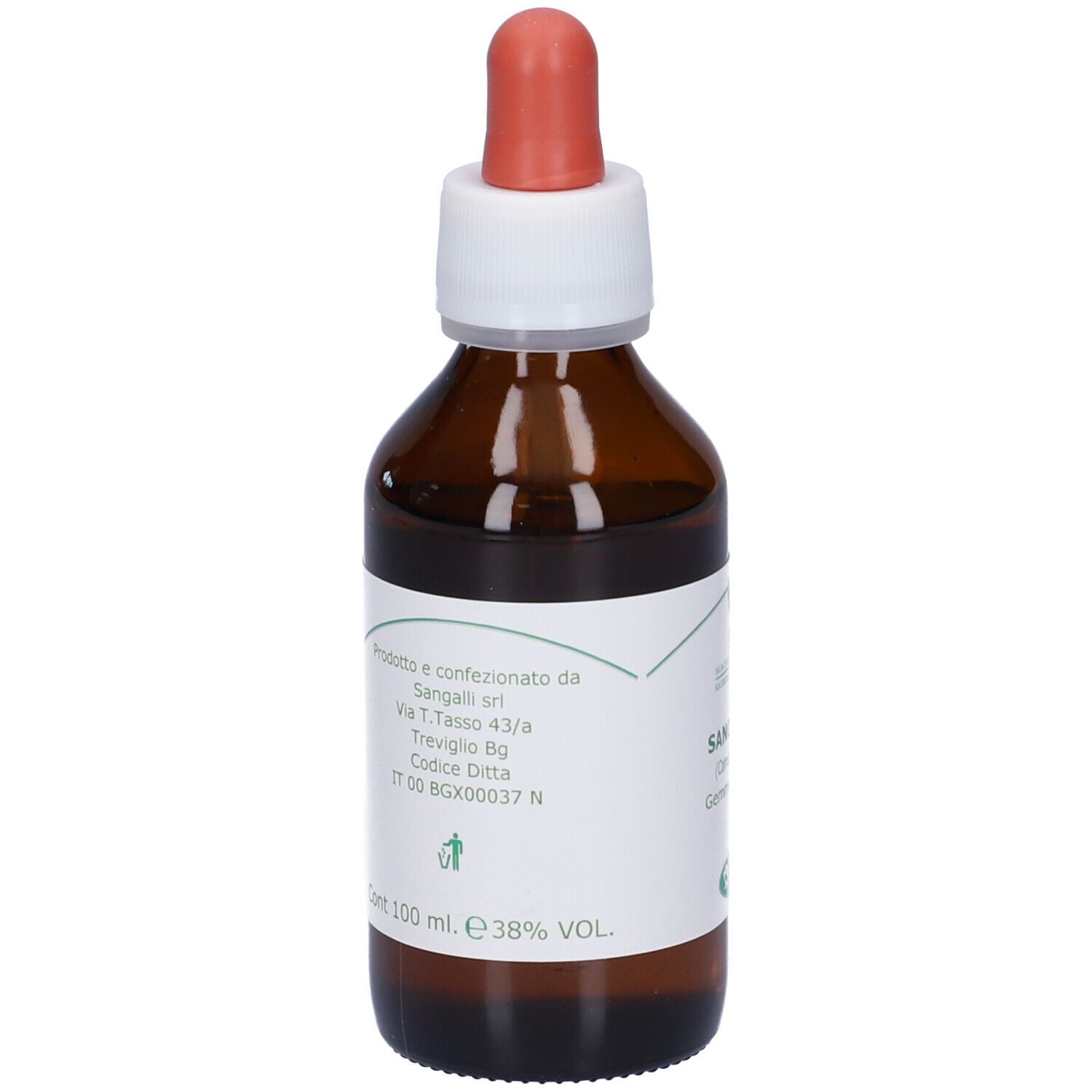 Flacone di vetro marrone con contagocce. Etichetta con informazioni del produttore e volume. 100 ml.