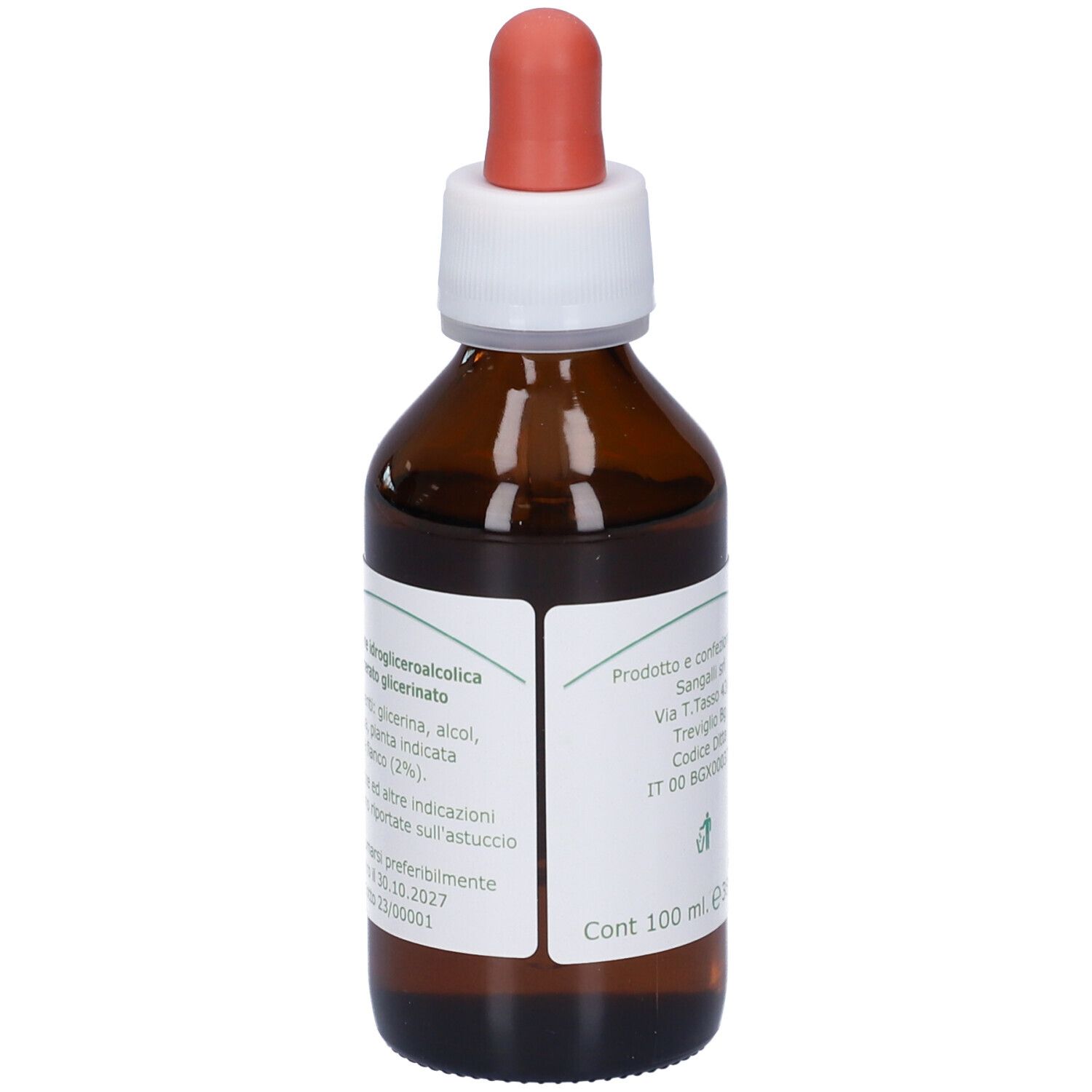 Flacone di vetro marrone con contagocce. Etichetta con ingredienti e data di scadenza. 100 ml.