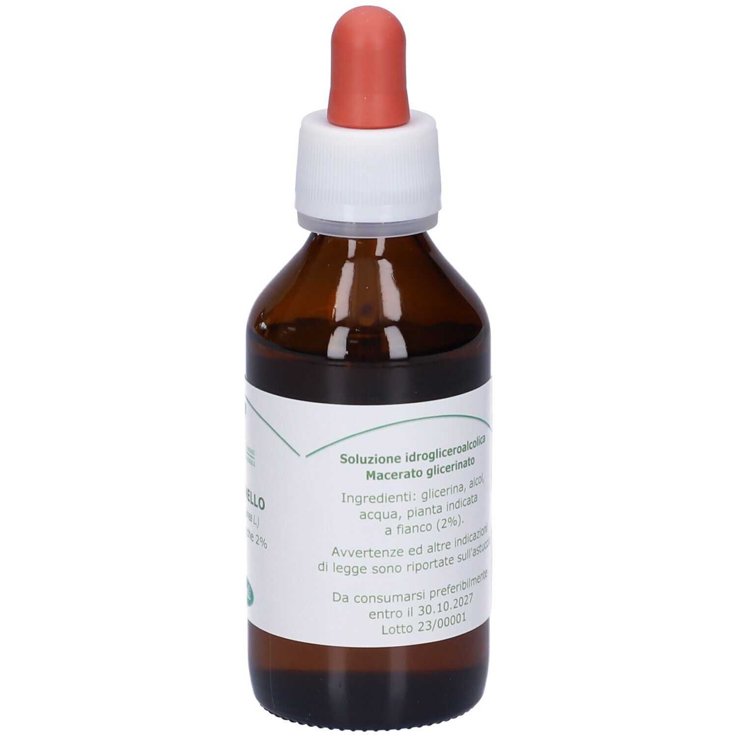 Flacone di vetro marrone con contagocce. Etichetta con ingredienti e informazioni del produttore. 100 ml.