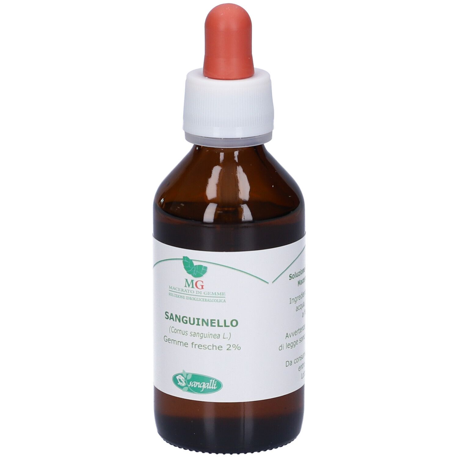 Flacone di vetro marrone con contagocce. Etichetta con nome del prodotto e ingredienti. Marchio Sangalli.