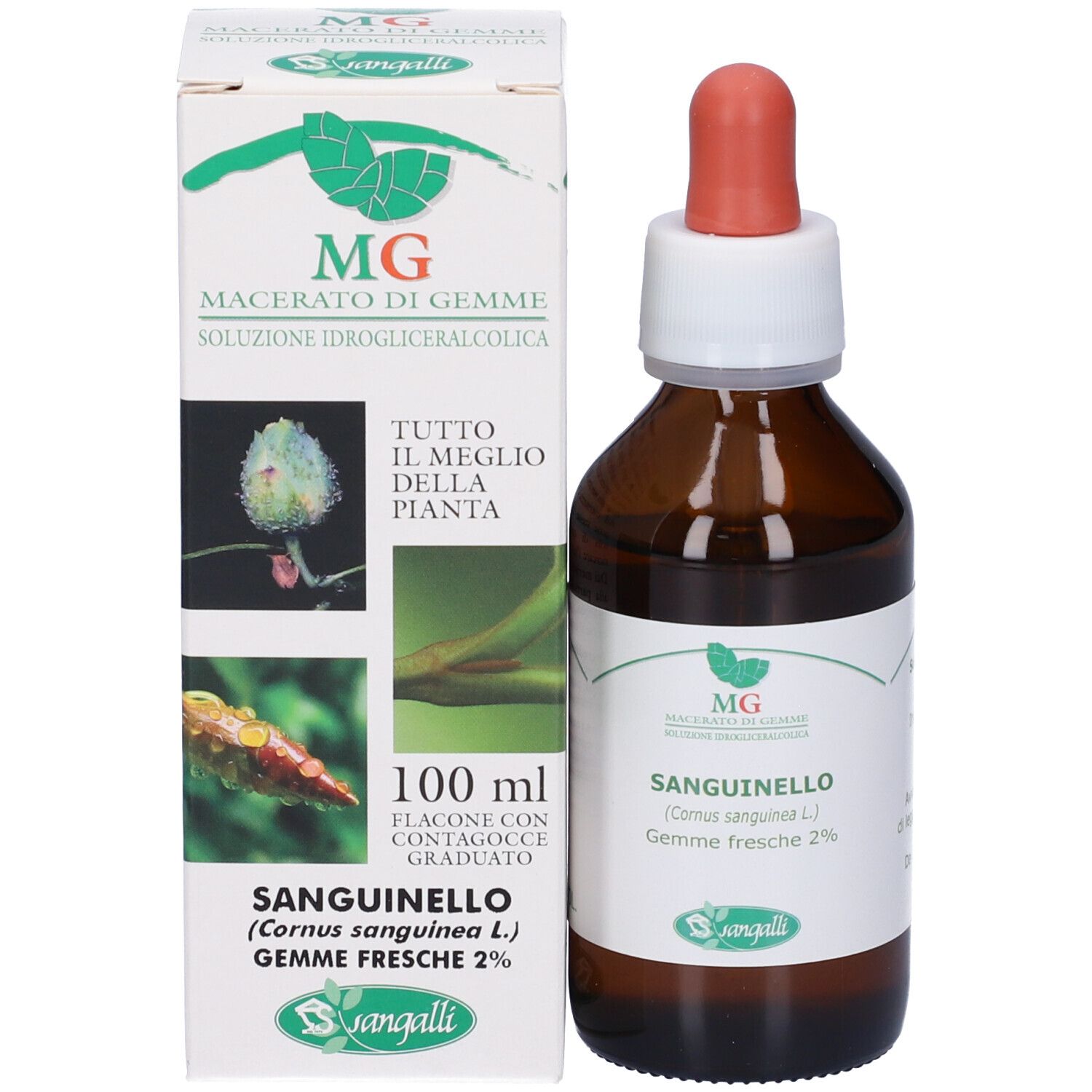 Flacone con contagocce e confezione. Confezione con nome del prodotto, marchio Sangalli e ingredienti.