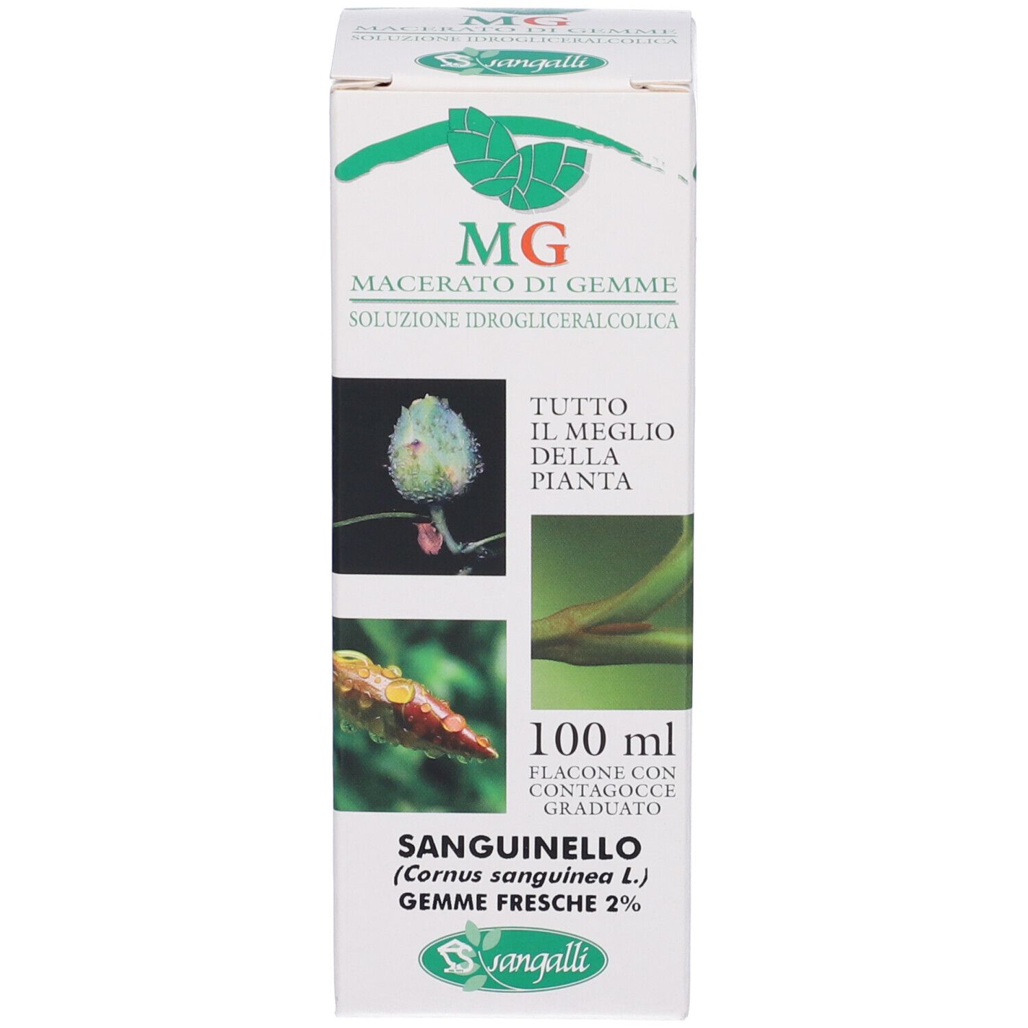 Confezione con nome del prodotto, marchio Sangalli e ingredienti. Immagini di piante.