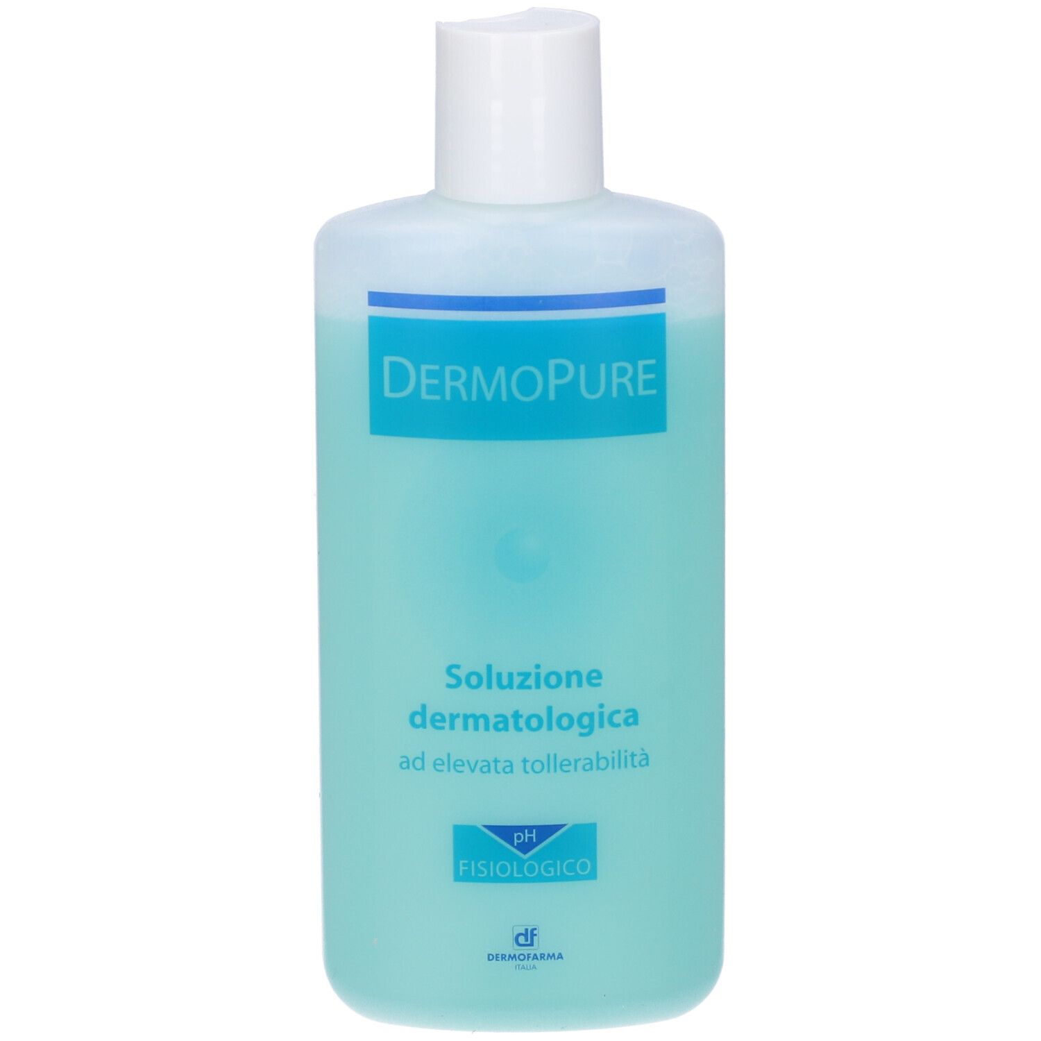 Dermopure Soluzione Dermatologica. Liquido blu in bottiglia con tappo bianco. Scritta: pH fisiologico.