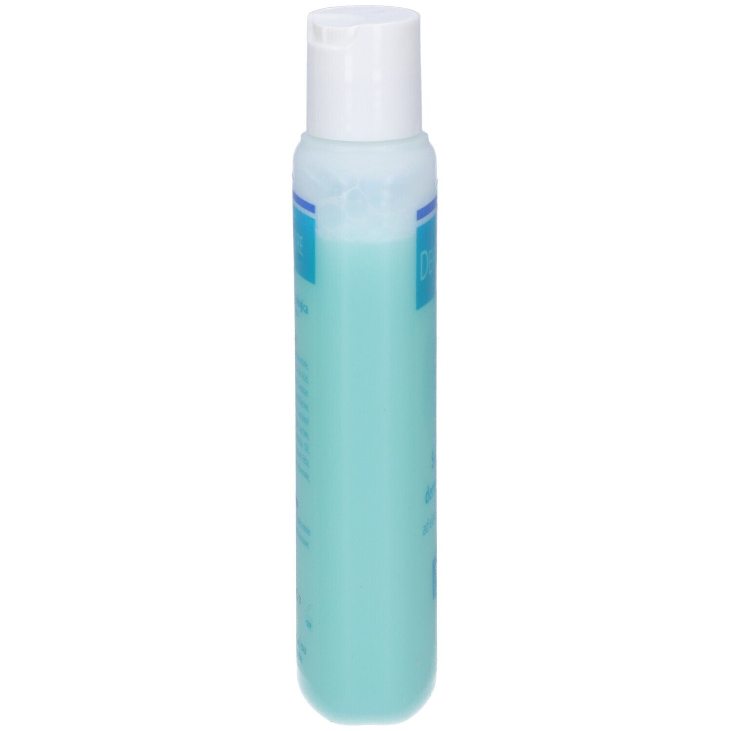 Dermopure Soluzione Dermatologica. Bottiglia con liquido blu e tappo bianco. Scritta.