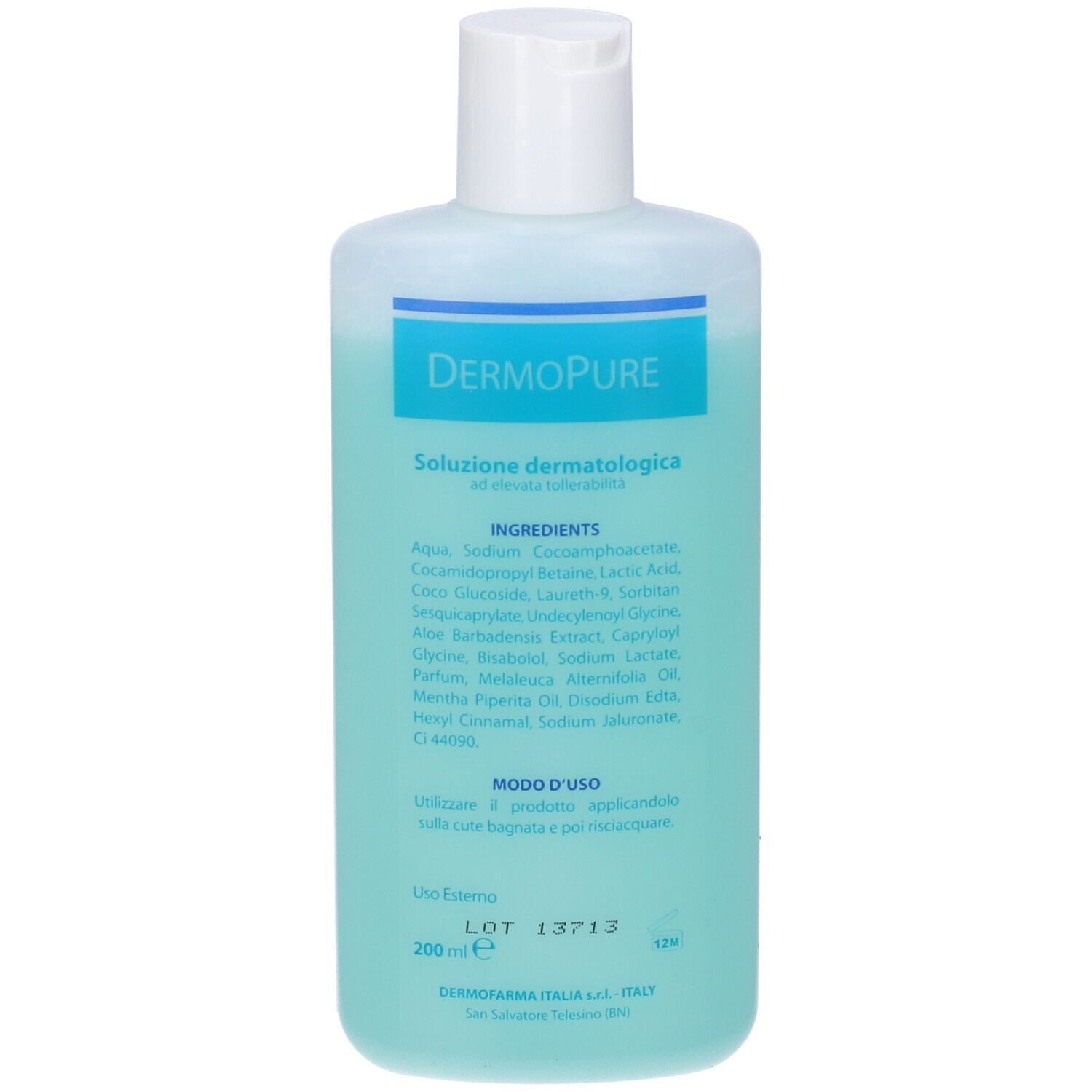 Dermopure Soluzione Dermatologica. Bottiglia con liquido blu e tappo bianco. Scritta: ingredienti, modo d'uso.
