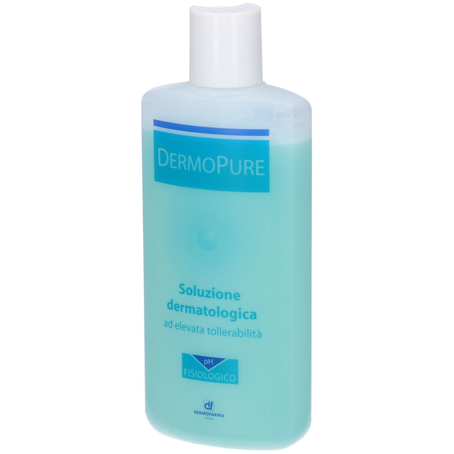 Dermopure Soluzione Dermatologica. Bottiglia con liquido blu e tappo bianco. Scritta: pH fisiologico.