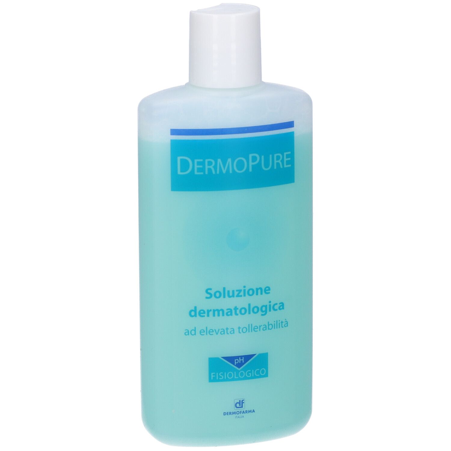 Dermopure Soluzione Dermatologica. Bottiglia con liquido blu e tappo bianco. Scritta: pH fisiologico.