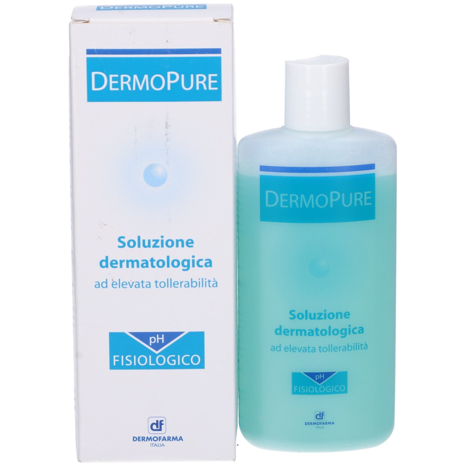 Dermopure Soluzione Dermatologica. Bottiglia e confezione. Scritta: pH fisiologico.