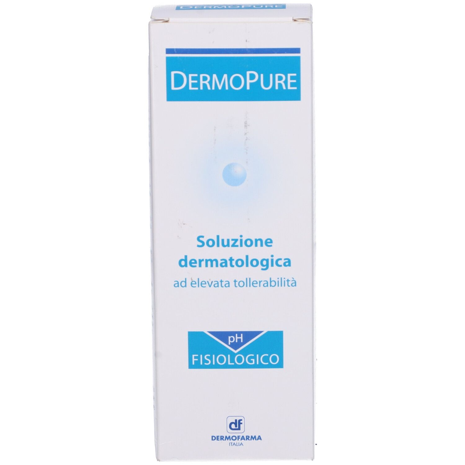 Dermopure Soluzione Dermatologica. Confezione. Scritta: pH fisiologico.