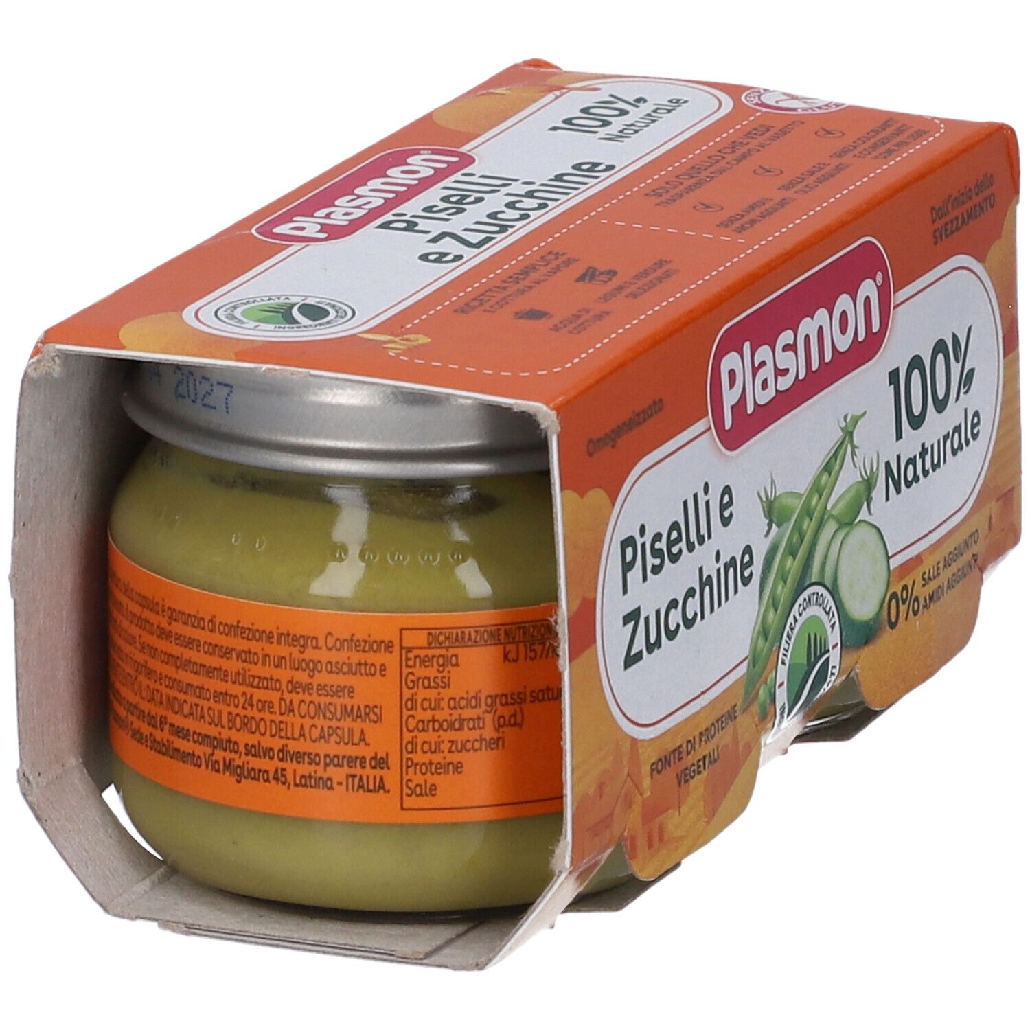 Un vasetto Plasmon Piselli e Zucchine in confezione aperta. Etichetta con informazioni nutrizionali visibile.