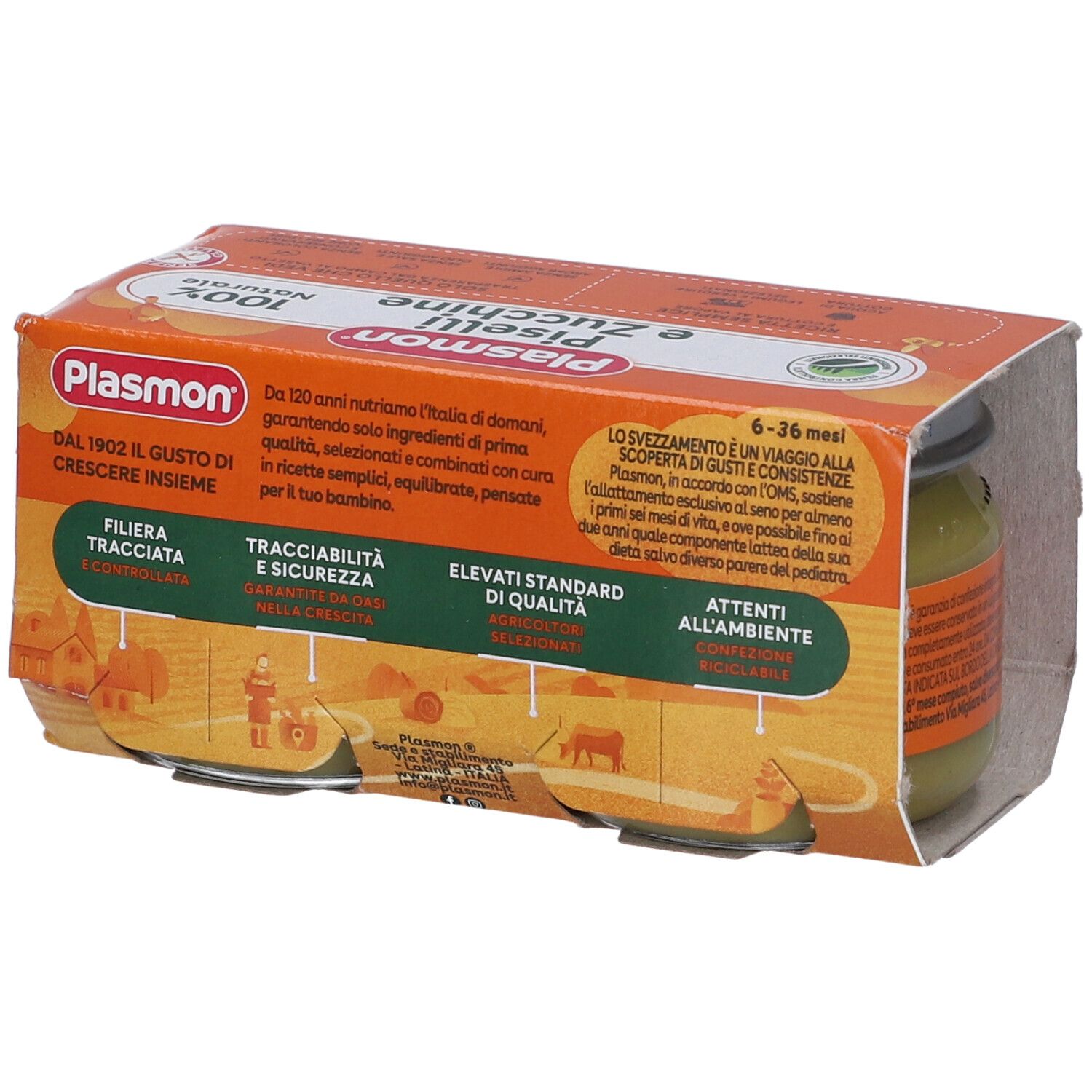 Retro della confezione Plasmon Piselli e Zucchine. Testo sugli ingredienti e la qualità.