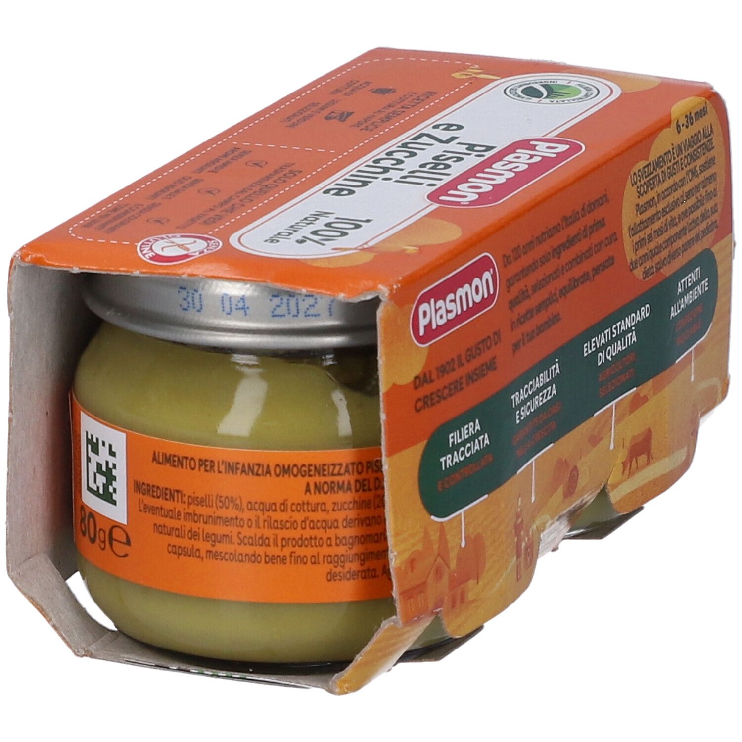 Un vasetto Plasmon Piselli e Zucchine in confezione aperta. Etichetta con ingredienti e data di scadenza.