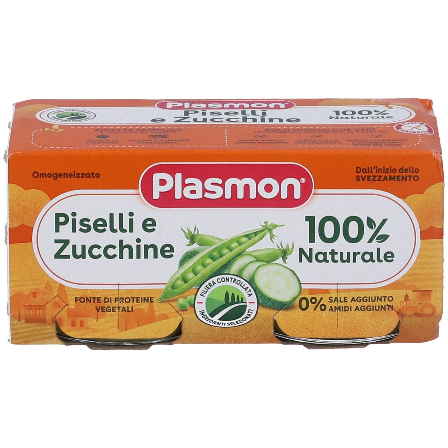 Confezione di due vasetti Plasmon Piselli e Zucchine. Confezione arancione con nome prodotto e immagine di verdure.
