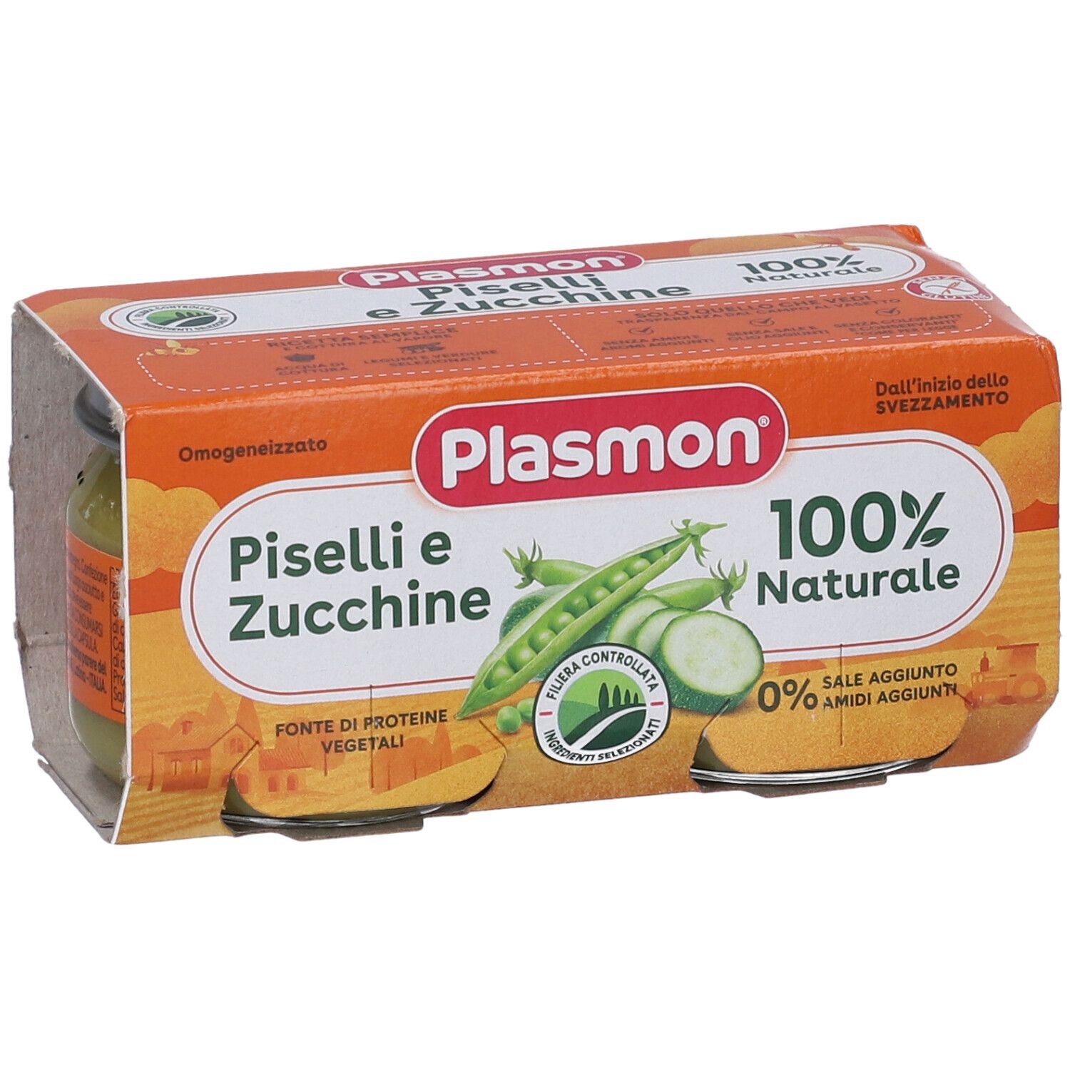 Confezione di due vasetti Plasmon Piselli e Zucchine. Confezione arancione con nome prodotto e immagine di verdure.
