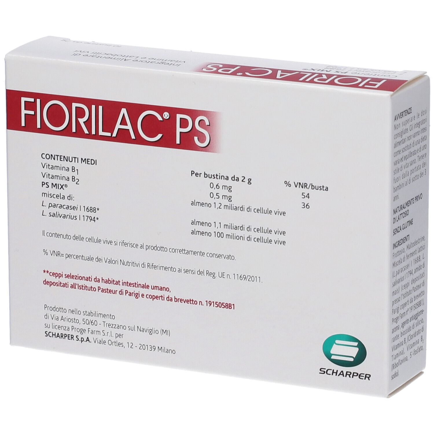 Confezione FIORILAC® PS. Scatola bianca con nome e logo del prodotto. Informazioni sugli ingredienti e valori nutrizionali.
